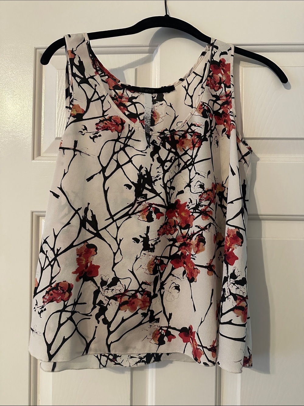Kensie White Camisole with Black Branch Print and Red Floral Accents